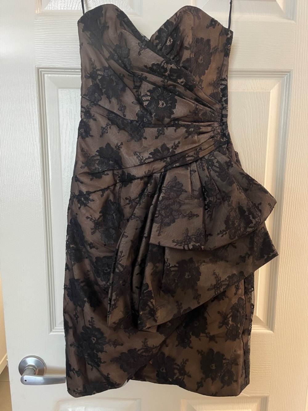 Victor Costa Saks Fifth Avenue Strapless Dress with Black Lace and Tan underlay